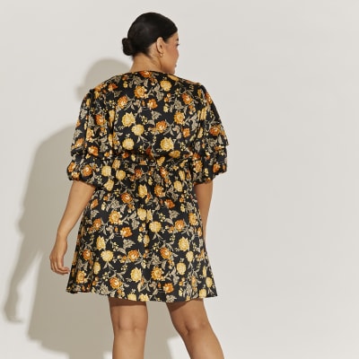 Plus black printed double puff sleeve dress