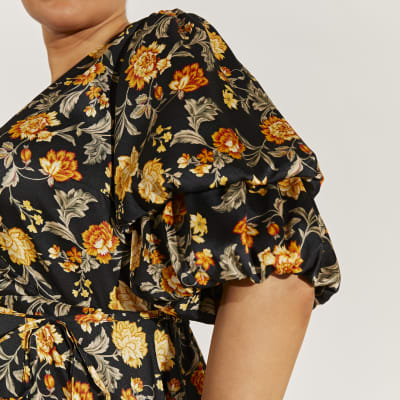 Plus black printed double puff sleeve dress