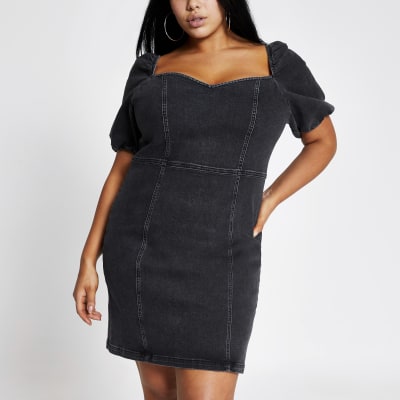 Plus black puff sleeve denim mini dress River Island