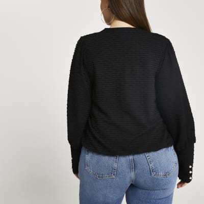 Plus black puff sleeve textured top
