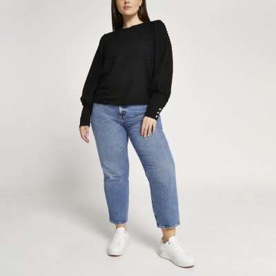 Plus black puff sleeve textured top