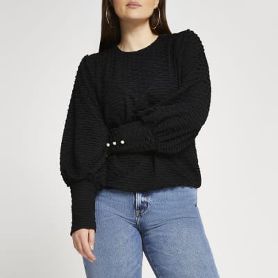 Plus black puff sleeve textured top