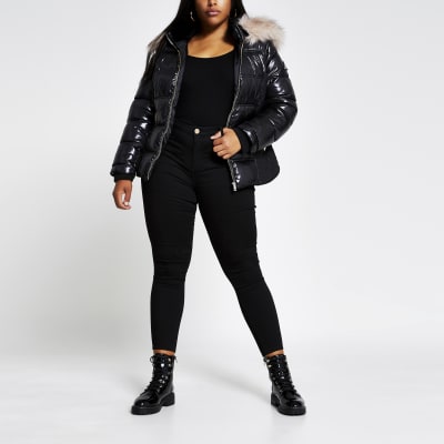 Plus Black quilted double zip padded jacket