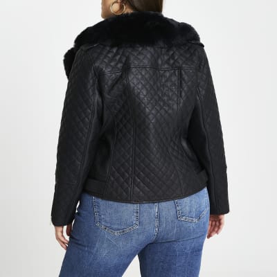 Plus black quilted faux fur biker jacket