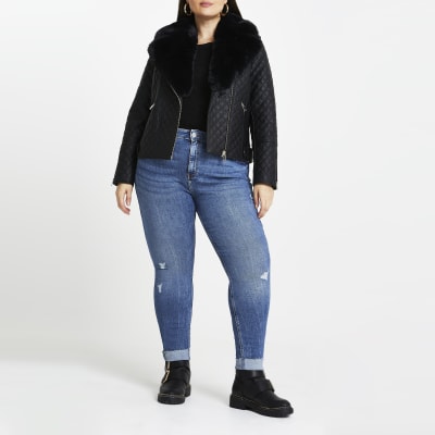 Plus black quilted faux fur biker jacket