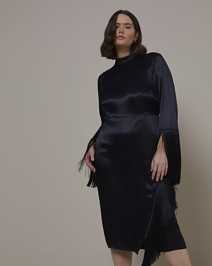 Plus Black RI Studio Fringe Detail Midi Dress