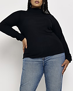 Plus black ribbed high neck top