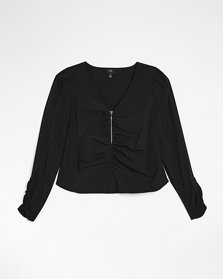 Plus black ruched long sleeve blouse