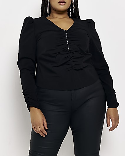 Plus black ruched long sleeve blouse