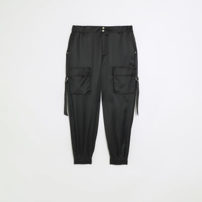 Plus black satin cuffed cargo trousers River Island