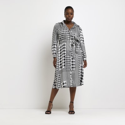 Plus black satin dogtooth midi shirt dress