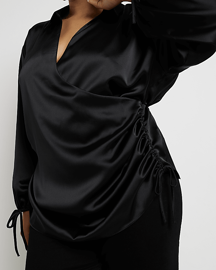 Plus black satin wrap blouse