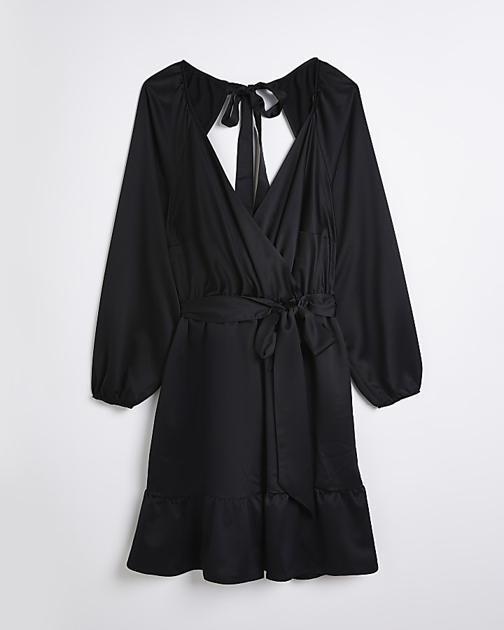 Plus black satin wrap mini dress