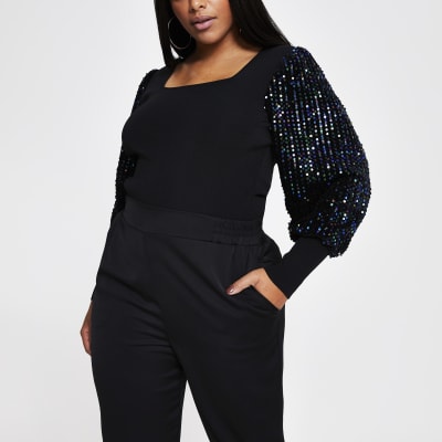 plus size black sequin top