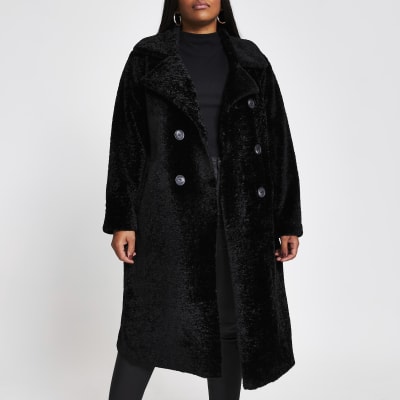 Plus black shearling double breasted coat | River Island