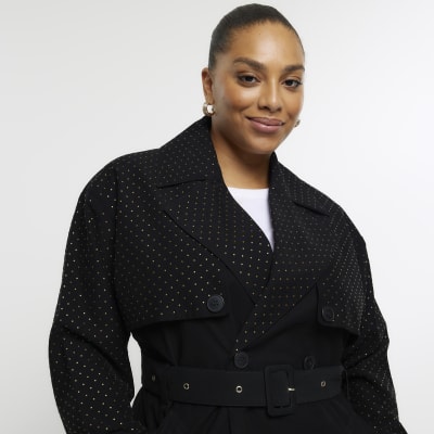 Plus black studded longline trench coat River Island