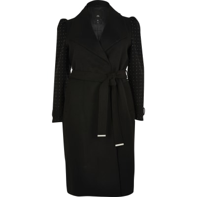 Plus black studded sleeve belted robe coat | River Island