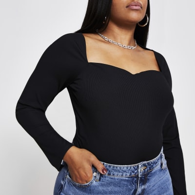 Plus black sweetheart neckline top | River Island