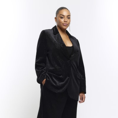 Plus black velvet sparkle tux blazer | River Island