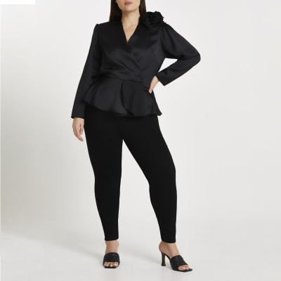Plus black wrap peplum corsage top