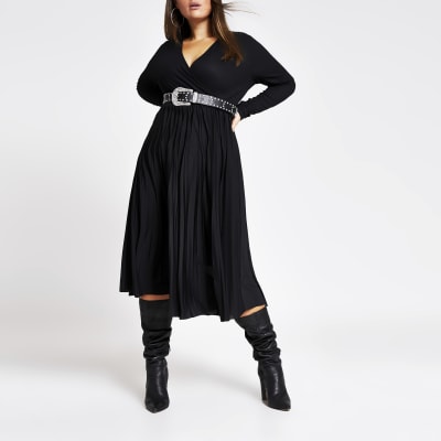 Plus black wrap pleated midi dress | River Island