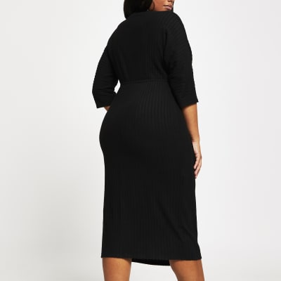 Plus black wrap tie waist midi dress
