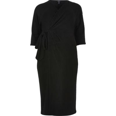 Plus black wrap tie waist midi dress