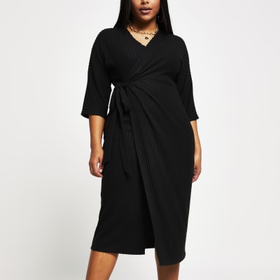 Plus black wrap tie waist midi dress