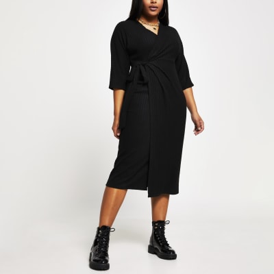 Plus black wrap tie waist midi dress
