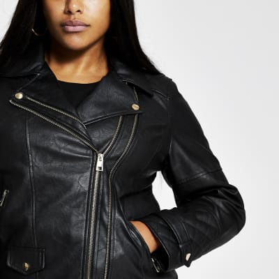 Plus black zip faux leather biker jacket
