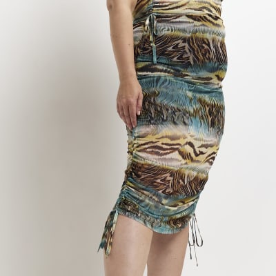 Plus blue animal print ruched midi skirt