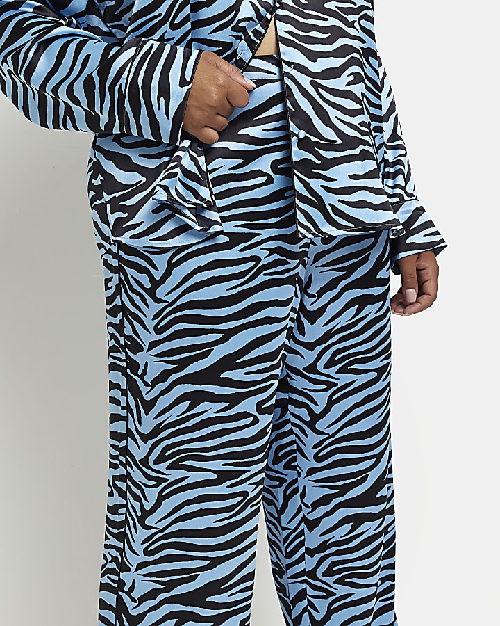 Plus blue animal print satin pyjama trousers