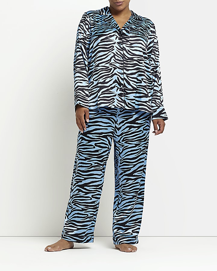Plus blue animal print satin pyjama trousers