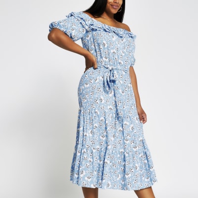 blue bardot midi dress