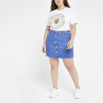 button front denim mini skirt