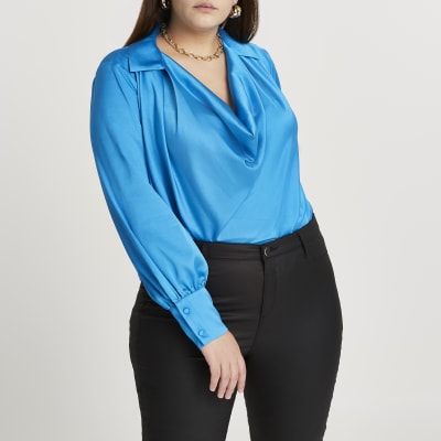 Plus blue cowl long sleeve blouse top