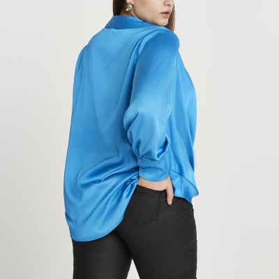 Plus blue cowl long sleeve blouse top