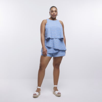 Plus blue denim broderie layered playsuit