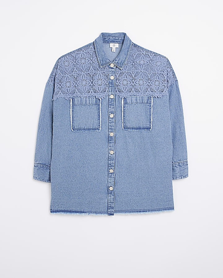 Plus blue denim crochet long shirt