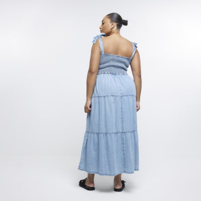 Plus blue denim shirred maxi dress