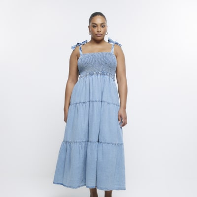 Plus blue denim shirred midi dress