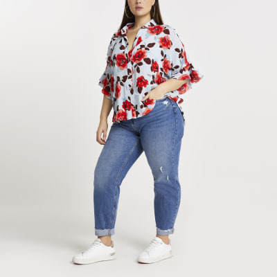 Plus blue embellished rose print shirt