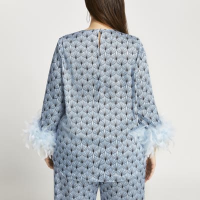 Plus blue feather cuff blouse top