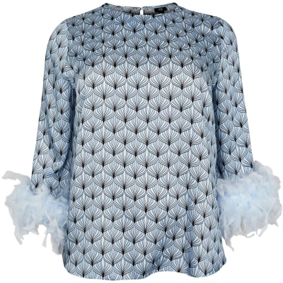 Plus blue feather cuff blouse top
