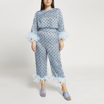 Plus blue feather cuff blouse top
