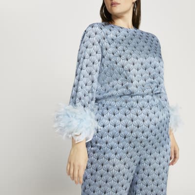 Plus blue feather cuff blouse top