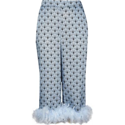 Plus blue feather print hem trousers