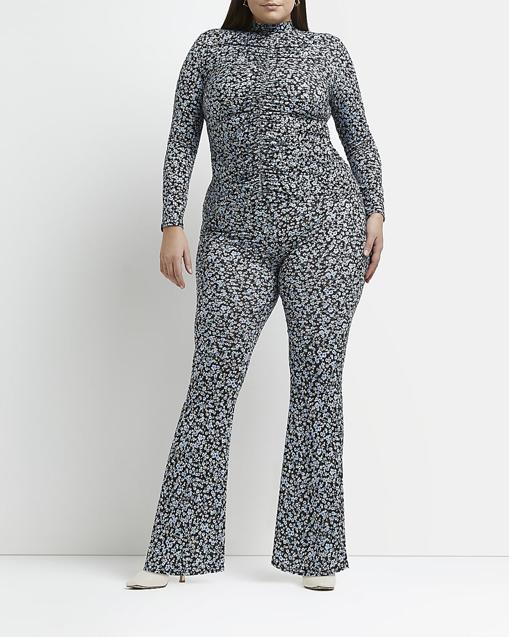 Plus blue floral flared trousers