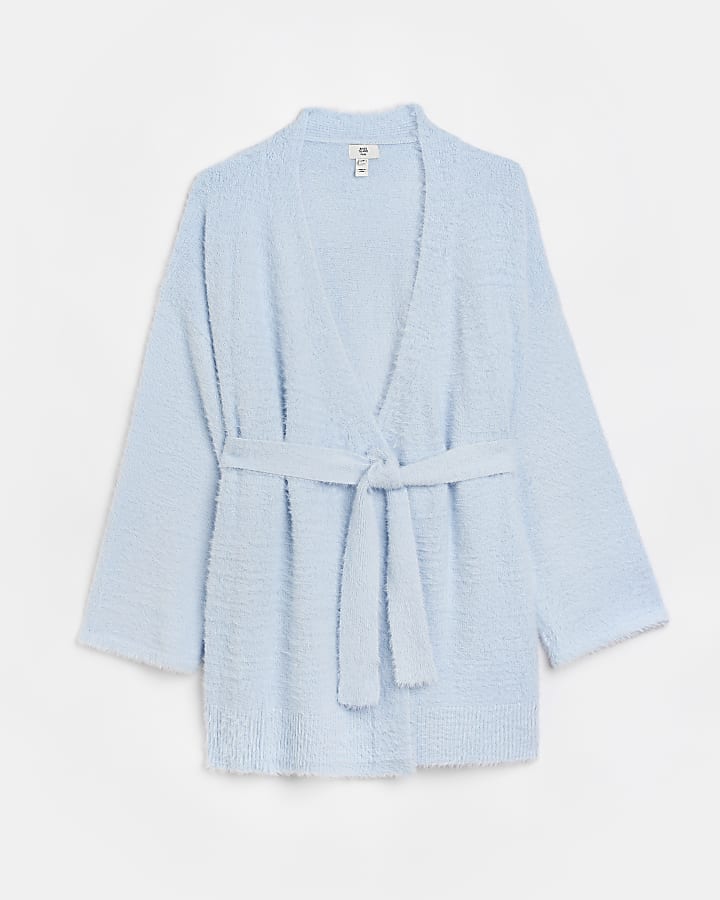 Plus blue fluffy knit belted cardigan