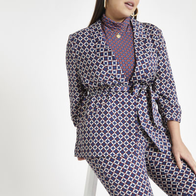 Plus blue geo print belted blazer